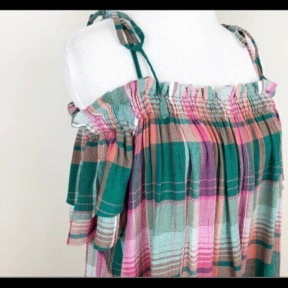 Ann Taylor LOFT | Off Shoulder Green Mauve Plaid Blouse Size Medium - Picture 5 of 8